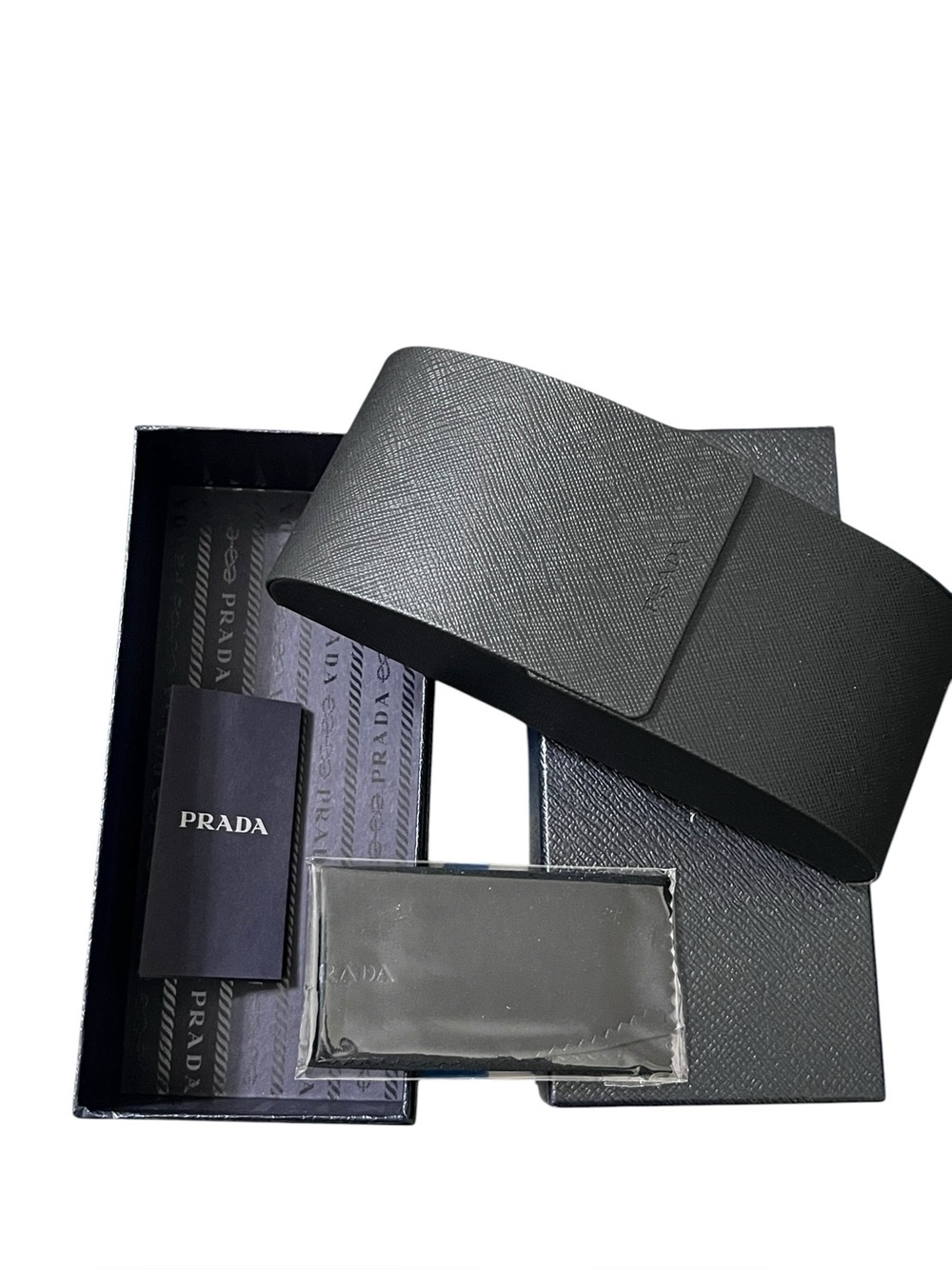 Authentic Prada Black Saffiano Leather Sunglasses Case, Box & Cleaning Cloth Set